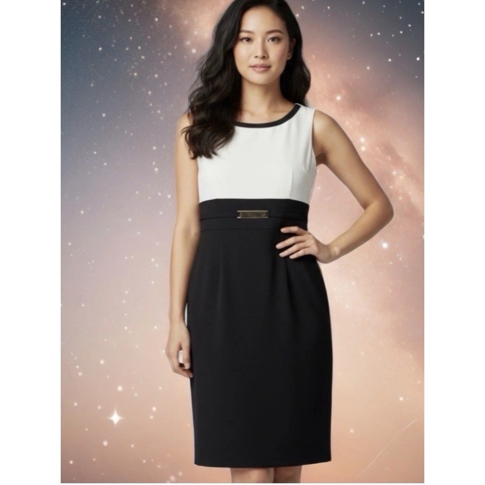 Phase Seven Sheath Dress Women 8P Black White Colorblock Gold Hardware Accent